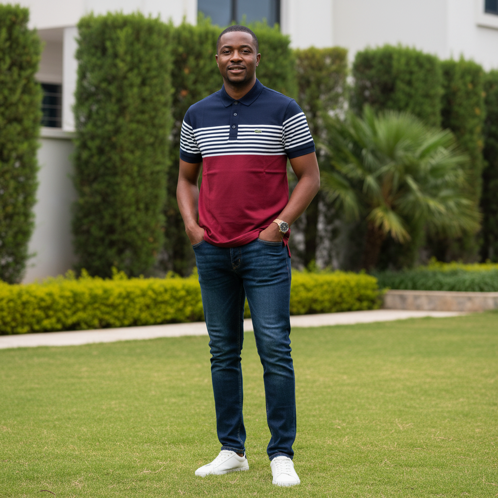 Nigerian male model wearing men's navy and burgundy colour-block striped polo shirt, garden setting