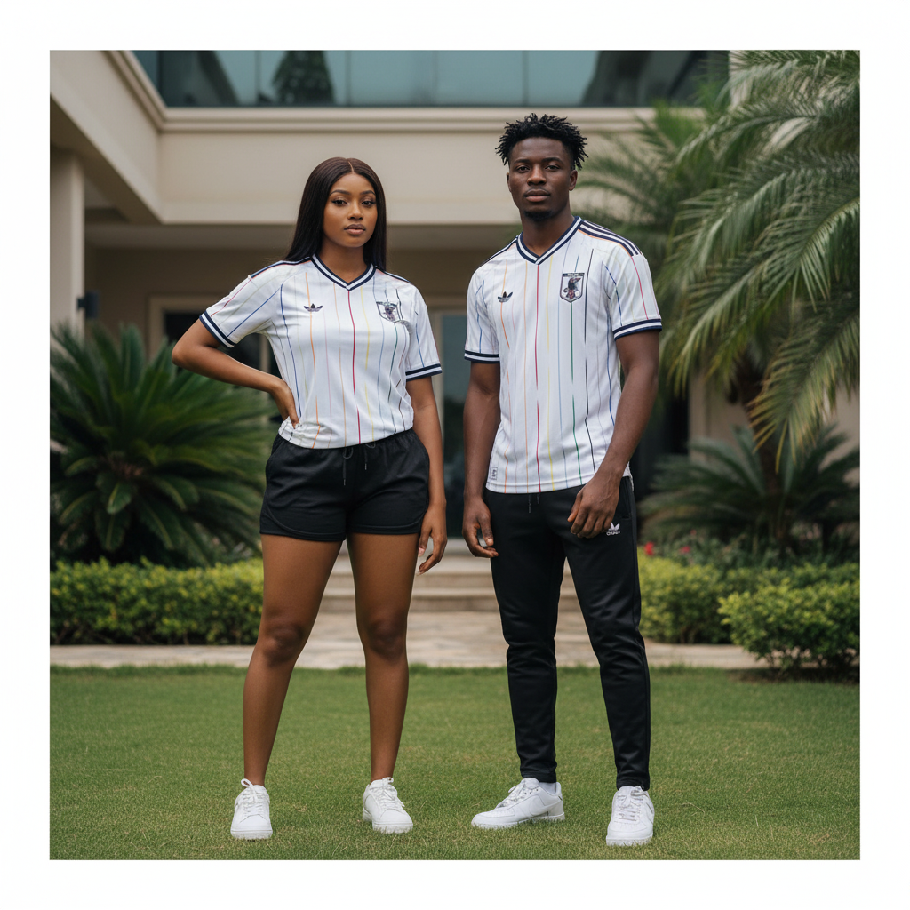 Nigerian female and male models wearing white multicolour pinstripe V-neck football jersey with eagle crest badge
