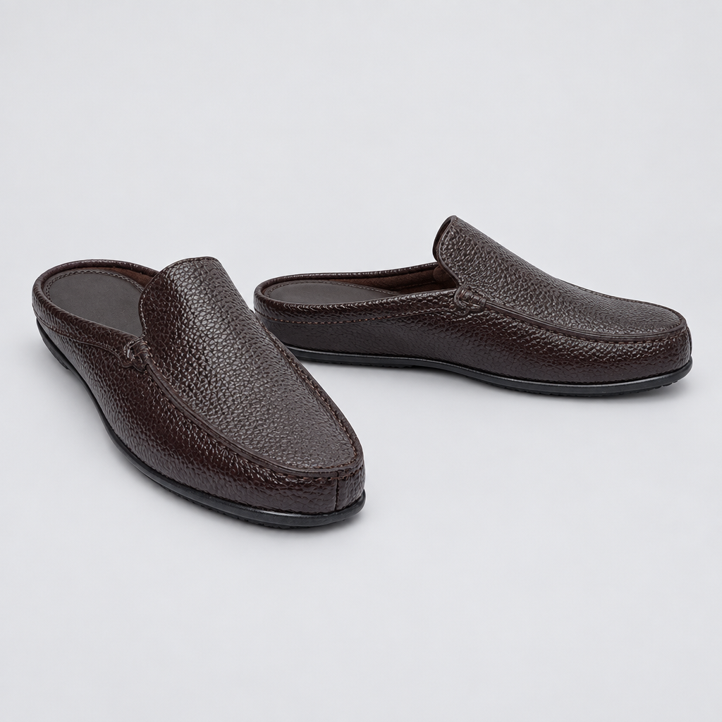 Men's dark brown pebble grain backless mule slippers, front and side view