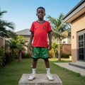 Nigerian child model wearing red & green football jersey set with white football boots