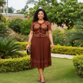 Women's Chocolate Brown Lace Overlay Peplum Pleated Midi Gown - Nigerian Female Model