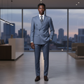 Young Nigerian male model wearing De Jossy Steel Blue Double-Breasted Suit Set