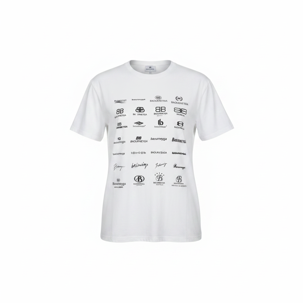 Women's white all-over logo print crew neck tee - ghost mannequin front view
