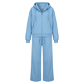 Sky-blue zip-up hoodie and wide-leg trouser set on an invisible mannequin