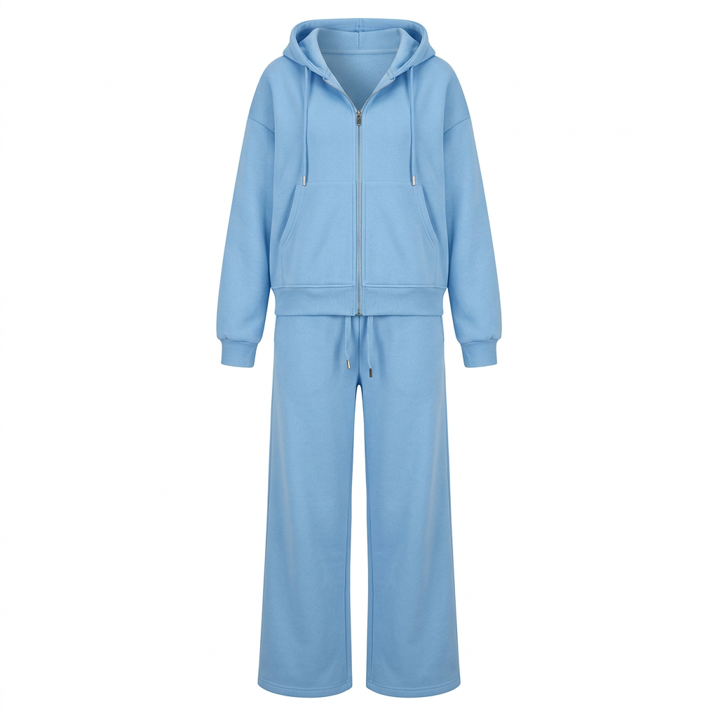 Sky-blue zip-up hoodie and wide-leg trouser set on an invisible mannequin