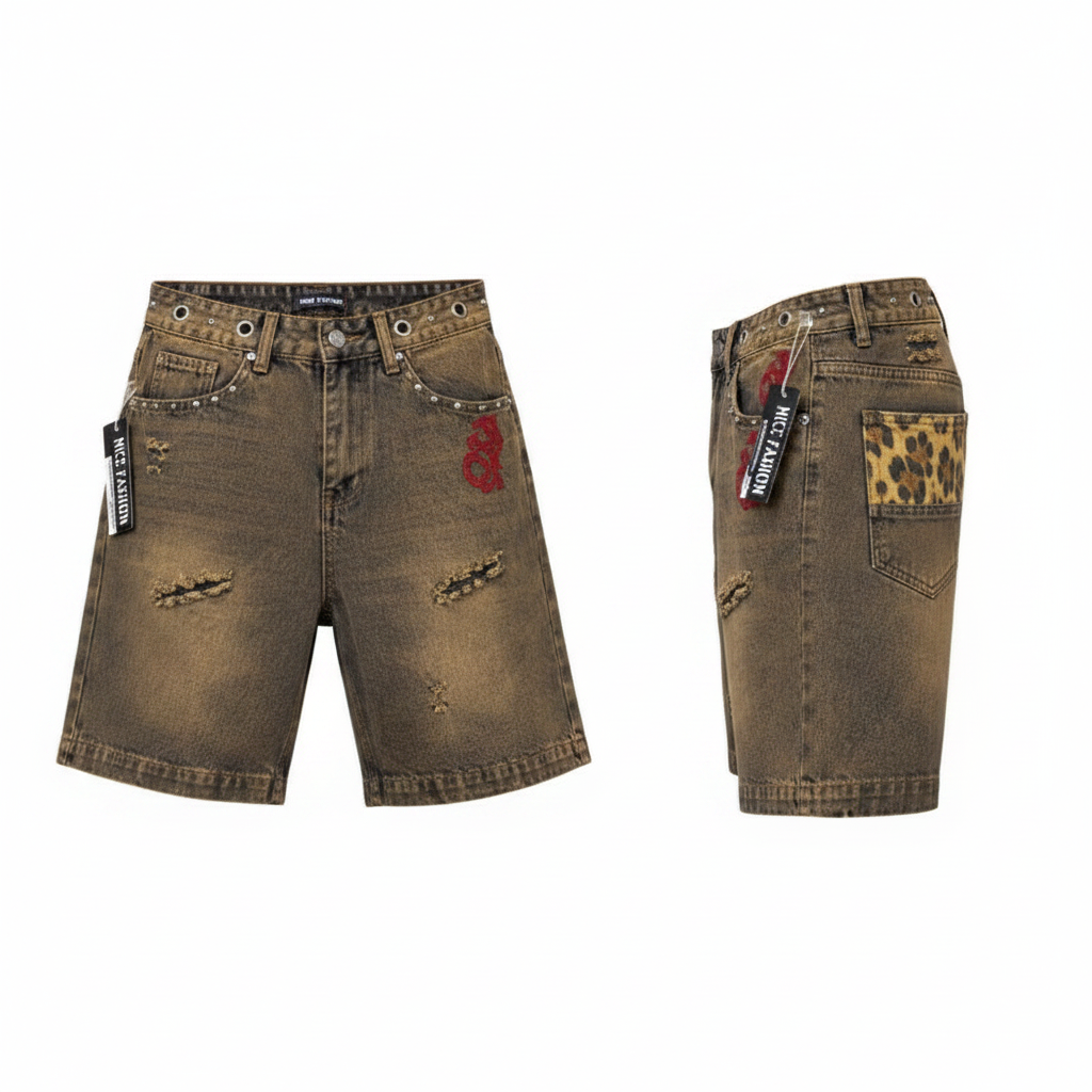 Men's vintage brown studded leopard print denim shorts ghost mannequin front and side view