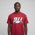 Black Nigerian male model wearing a red 911 car graphic T-shirt