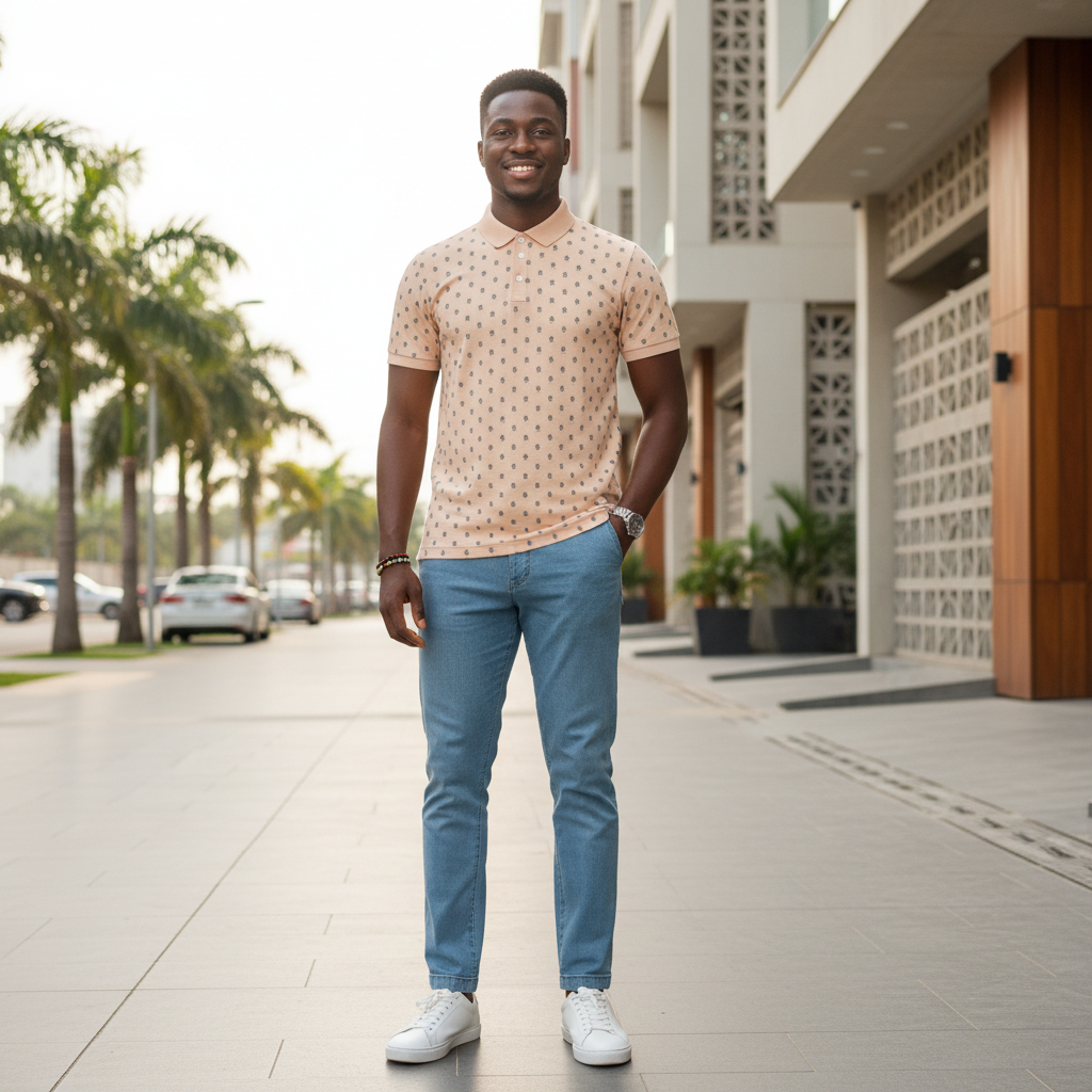 Young Nigerian male model wearing peach print polo shirt, front view, Nigerian urban background