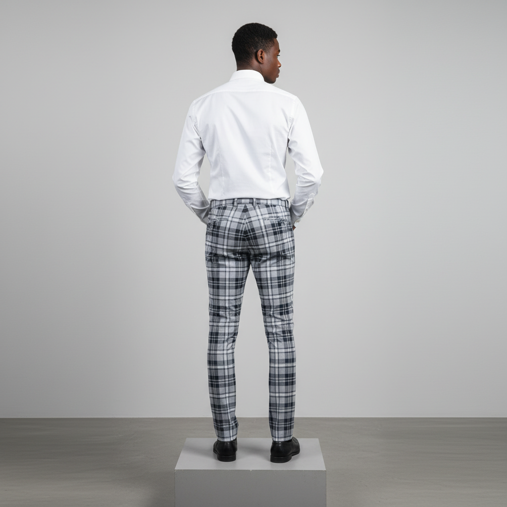 Light Grey Navy Tartan Trousers – Back Model