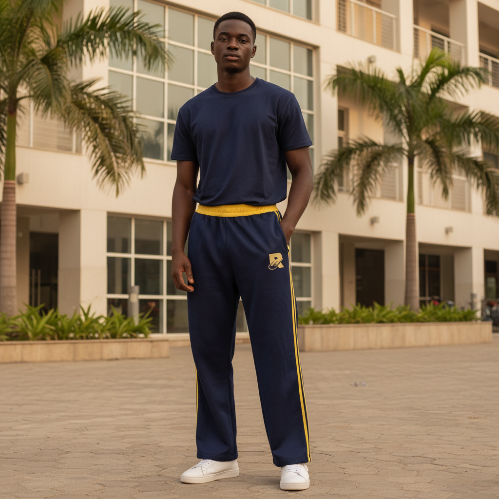Model wearing navy gold stripe track pants