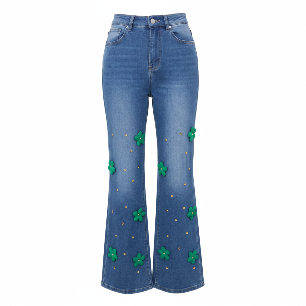 Blue Floral Appliqué Wide-Leg Jeans - Ghost Mannequin Front