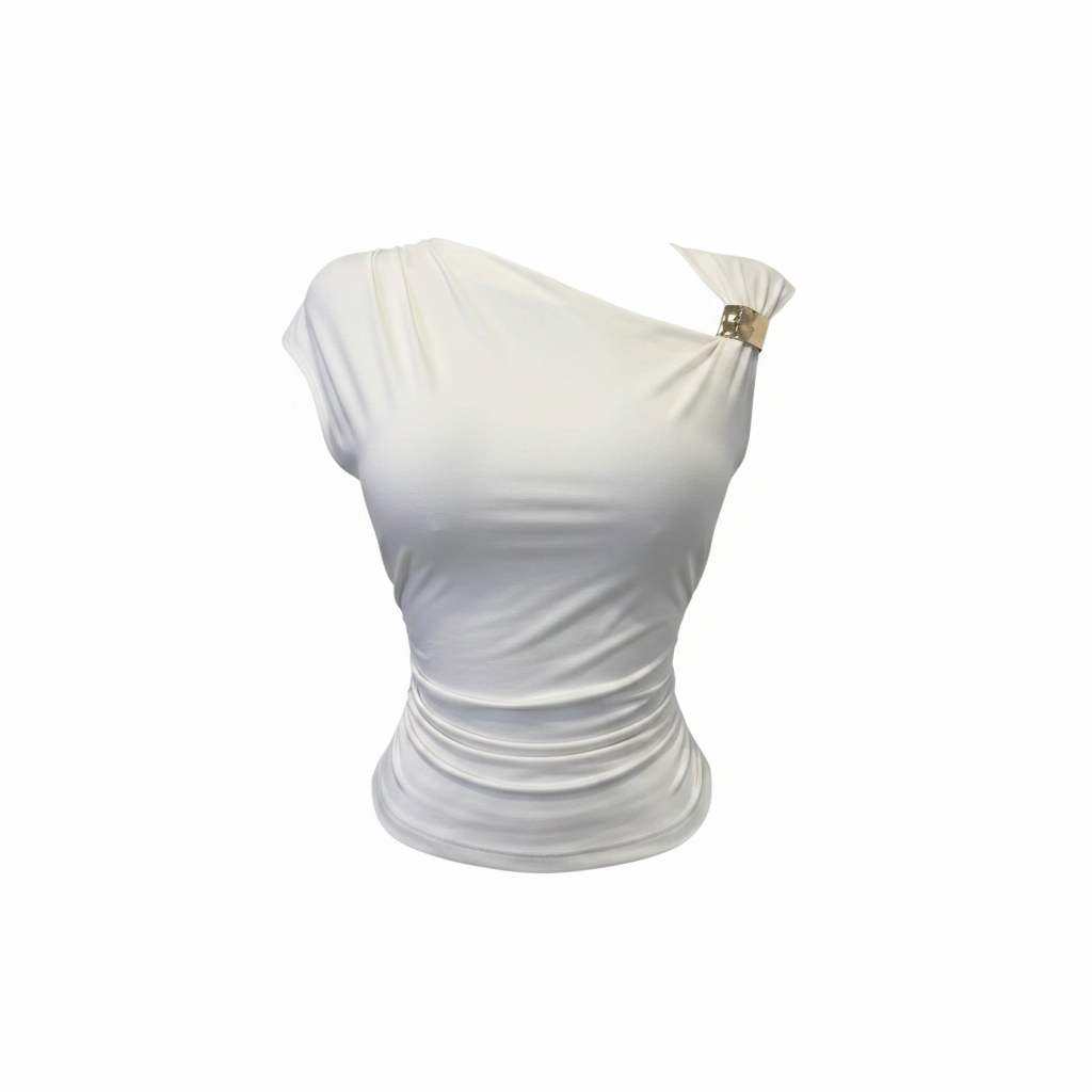 Women's White Asymmetric One-Shoulder Draped Top - Ghost Mannequin