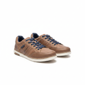 Men's tan leather lace-up casual sneakers with navy laces pair product shot