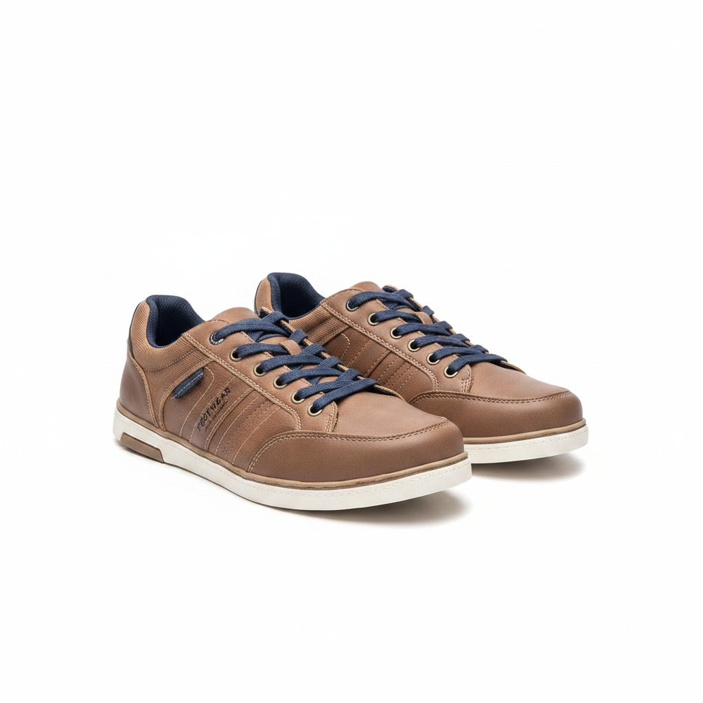 Men's tan leather lace-up casual sneakers with navy laces pair product shot