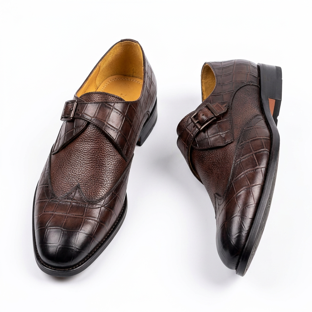 Pair of brown mixed-texture buckle shoes with dark shaded toes on white