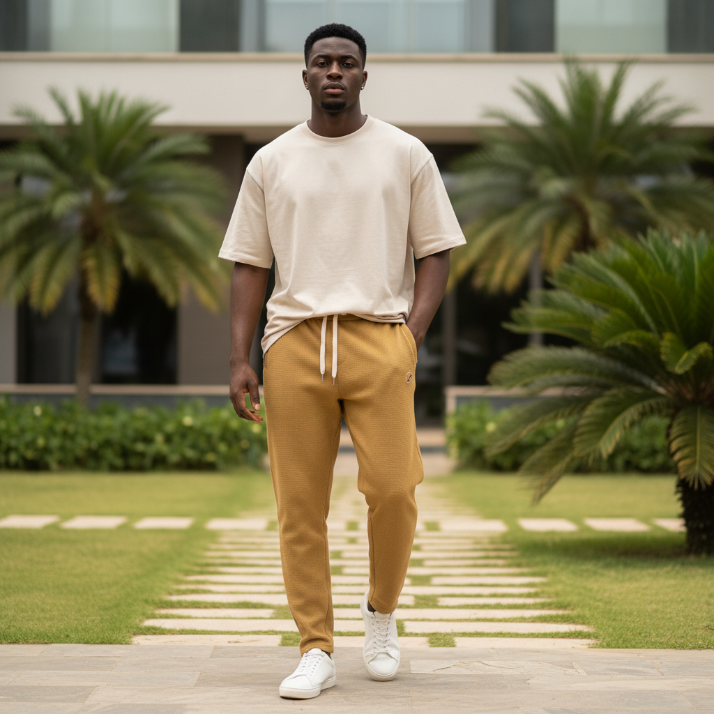 Nigerian male model wearing mustard waffle-knit utility jogger pants with zip pockets