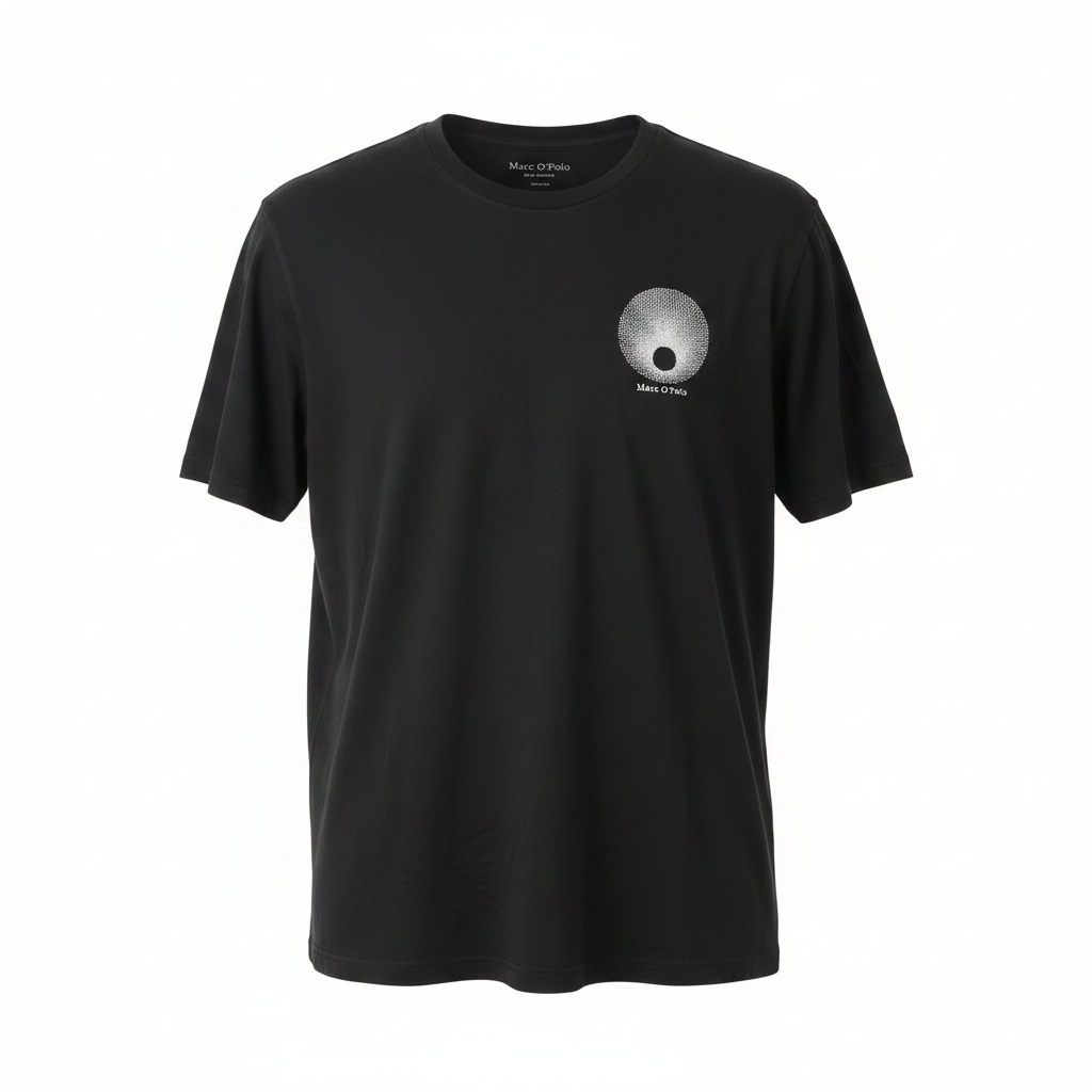 Ghost mannequin view of men's black crew-neck tee with subtle circular chest graphic