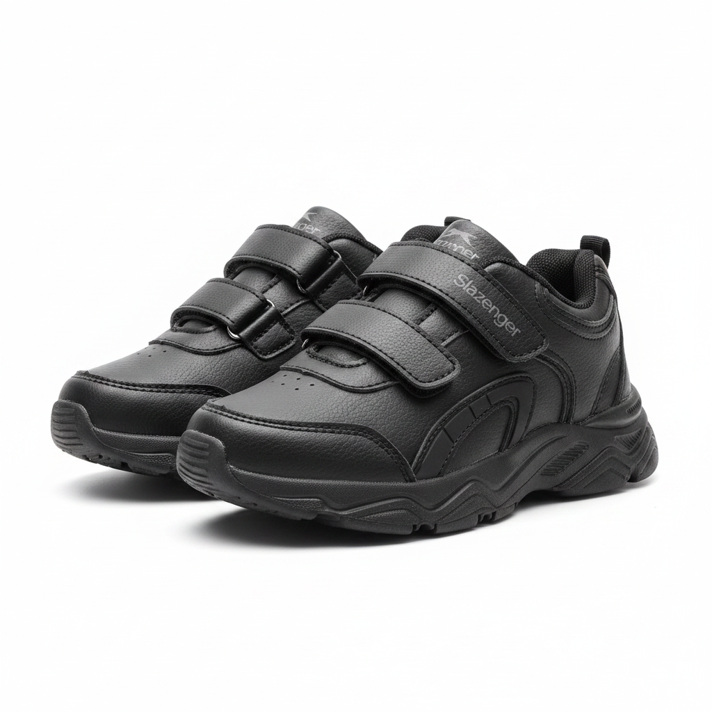 Women's all-black velcro chunky sneakers ghost mannequin pair view