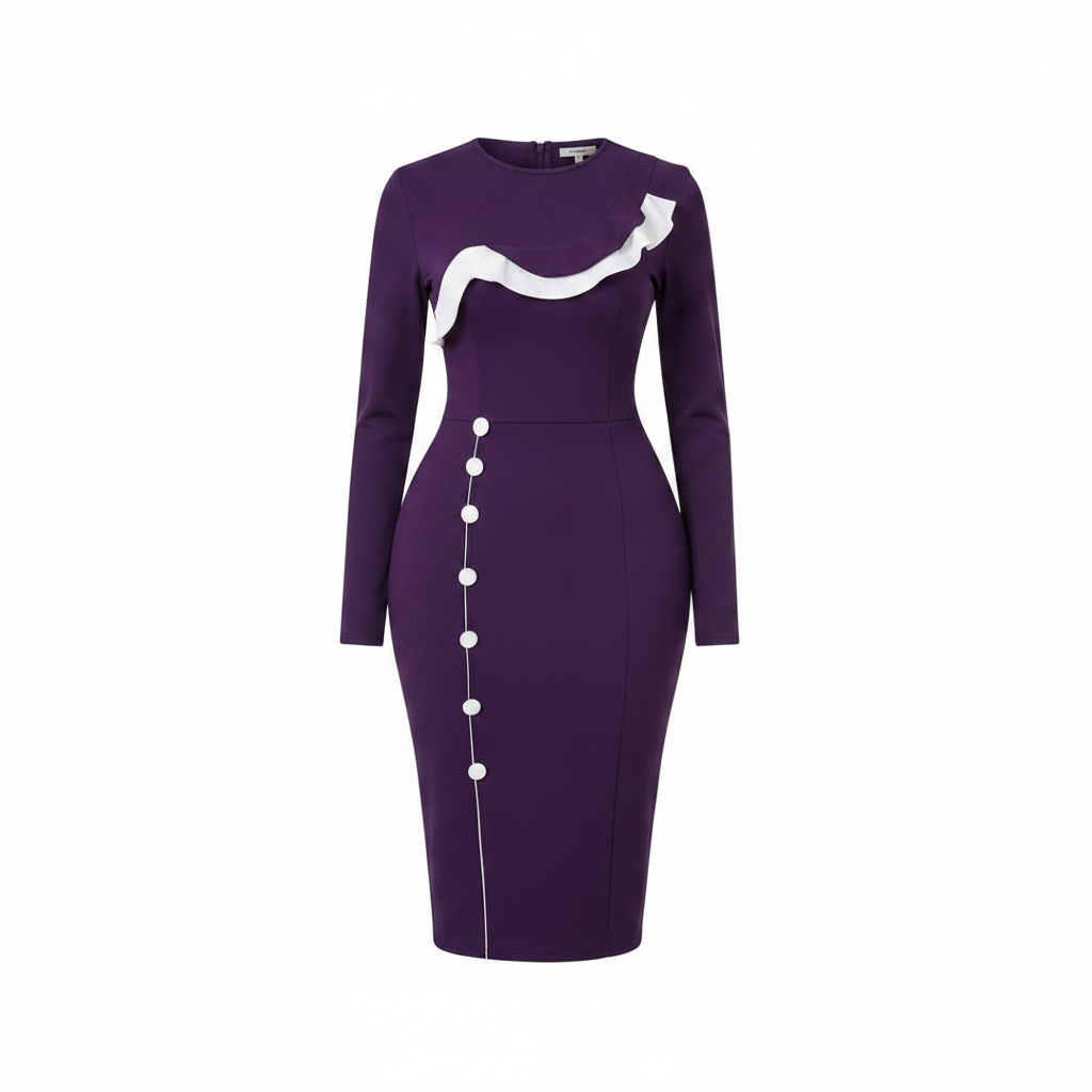 Ghost mannequin view of Women's Purple Ruffle-Trim Button-Front Long-Sleeve Bodycon Midi Dress