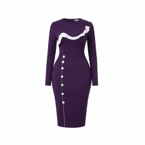 Ghost mannequin view of Women's Purple Ruffle-Trim Button-Front Long-Sleeve Bodycon Midi Dress