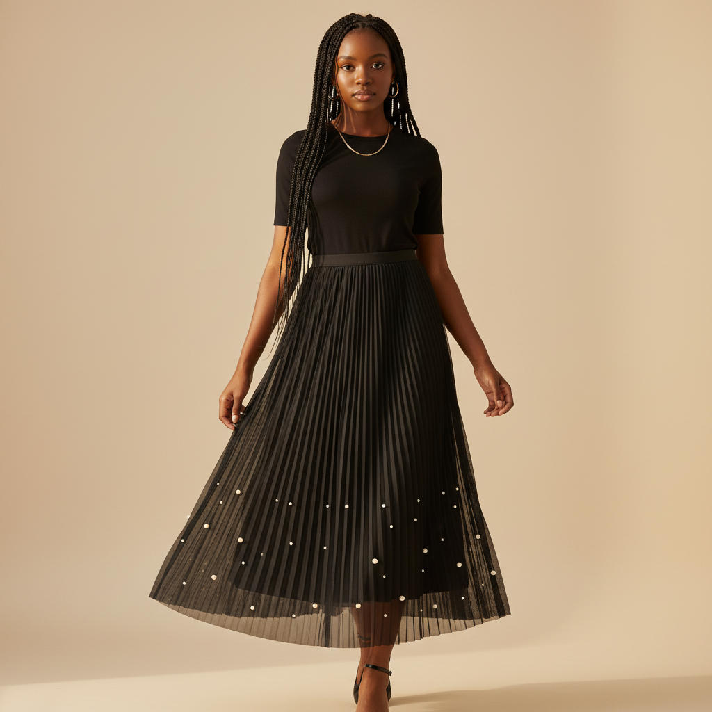 Nigerian girl wearing black pearl hem pleated midi skirt - front view