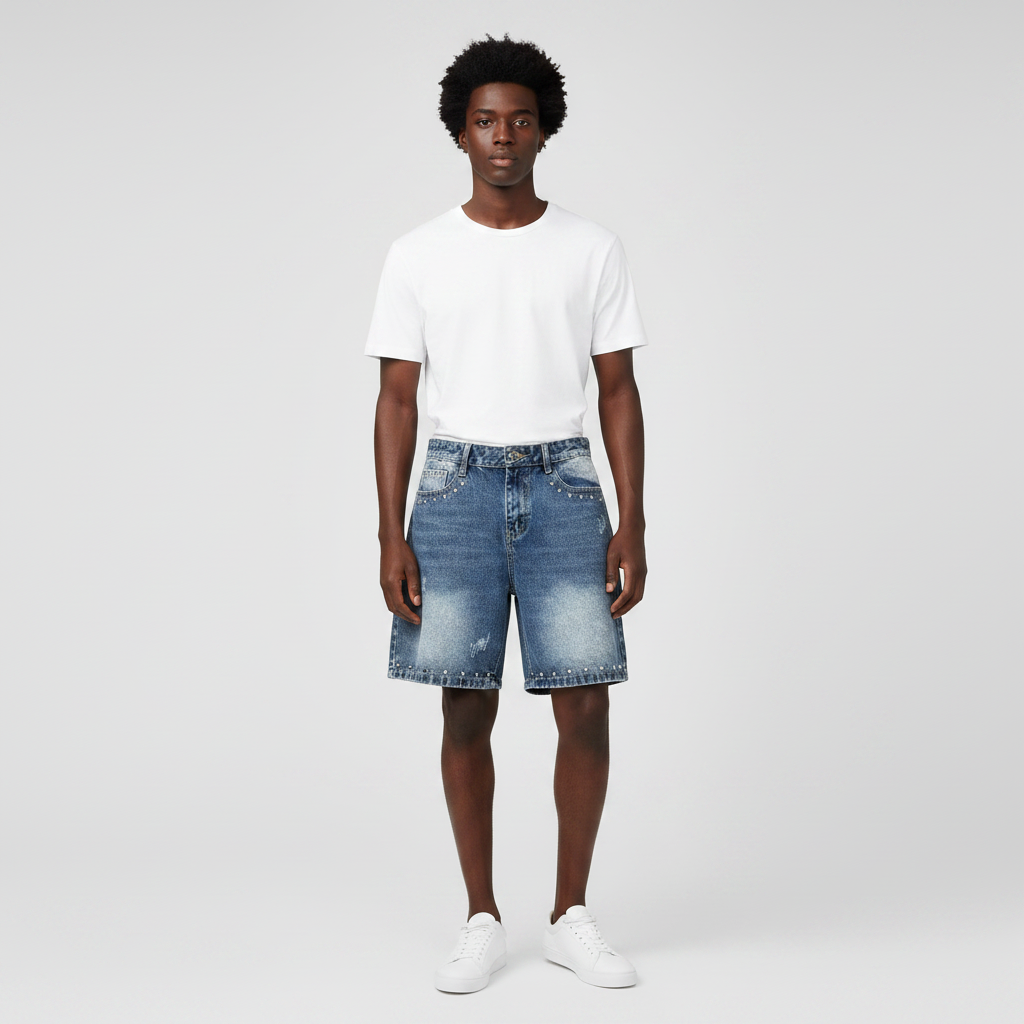 Man wearing the studded faded denim shorts