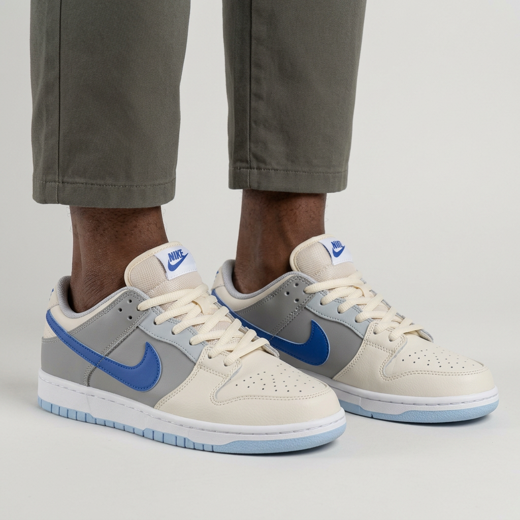 Both cream grey and blue low-top sneakers worn by a Black male model
