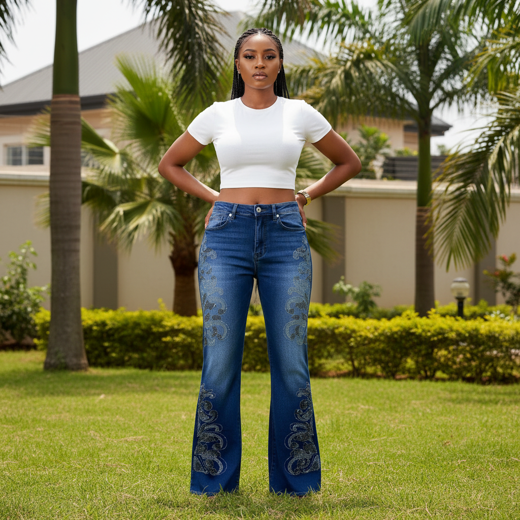 Blue Floral Embroidered Bootcut Jeans - Nigerian Female Model Front View