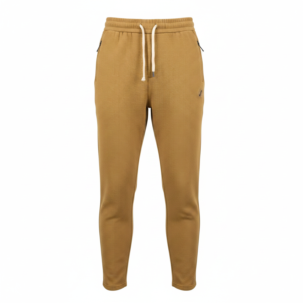 Mustard waffle-knit utility jogger pants with zip pockets ghost mannequin front view