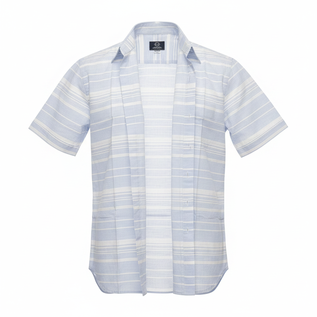 Ghost mannequin of light blue and white horizontal stripe short-sleeved shirt on white background