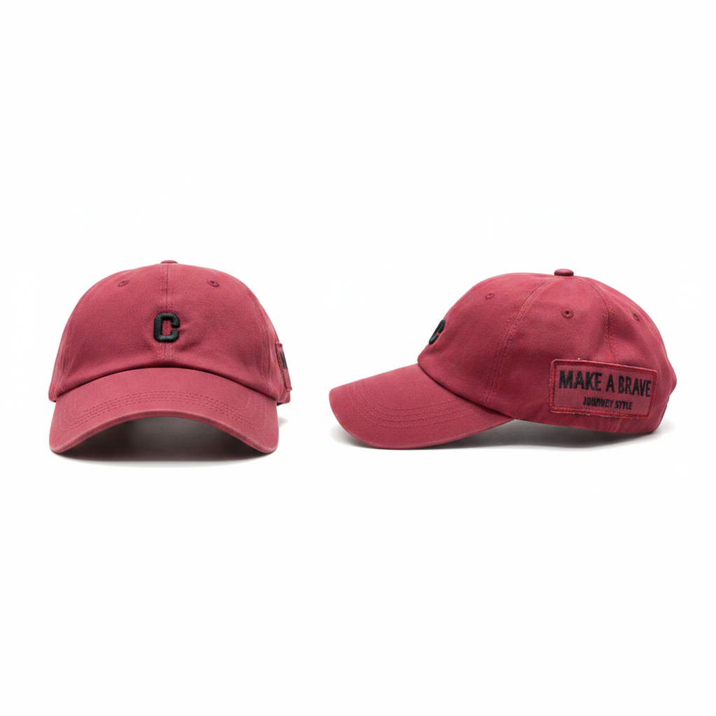 Dusty maroon Make A Brave woven patch dad cap – ghost mannequin front and side view
