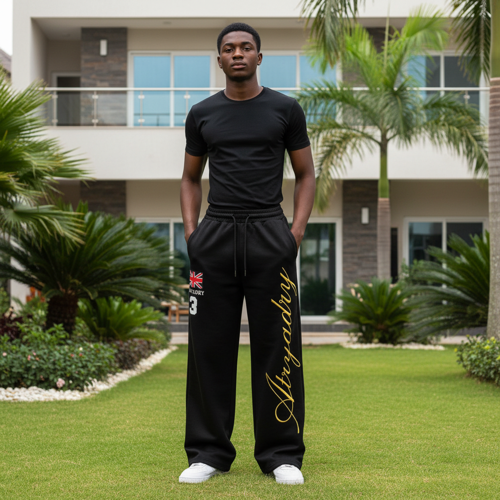 Men's Wide-Leg Script Sweatpants – Nigerian Male Model Shot