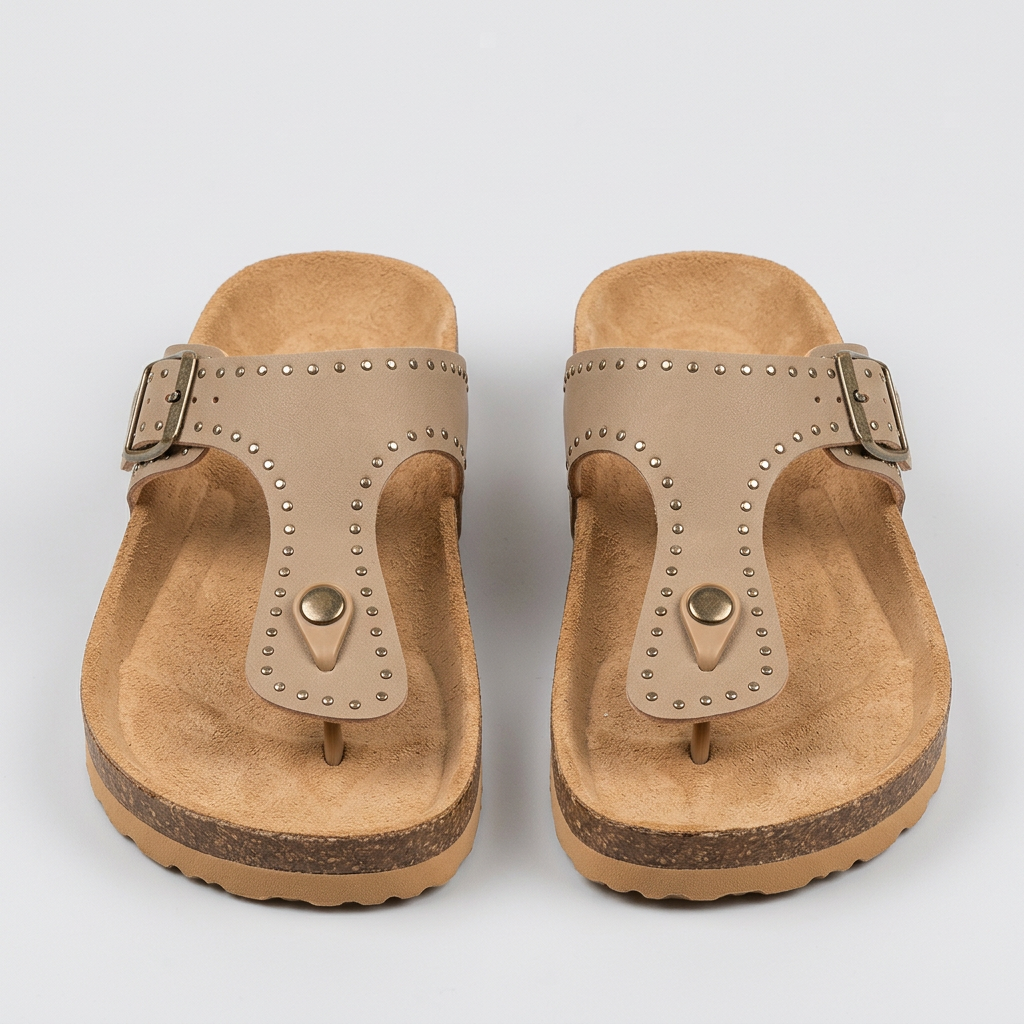 Women's beige studded toe-post slide sandals, front view