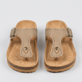 Women's beige studded toe-post slide sandals, front view
