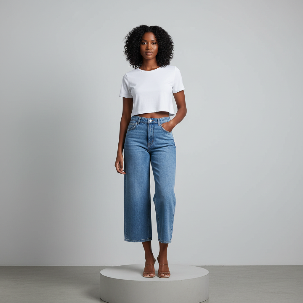 Light Blue High-Waist Wide-Leg Culotte Jeans – Model Front
