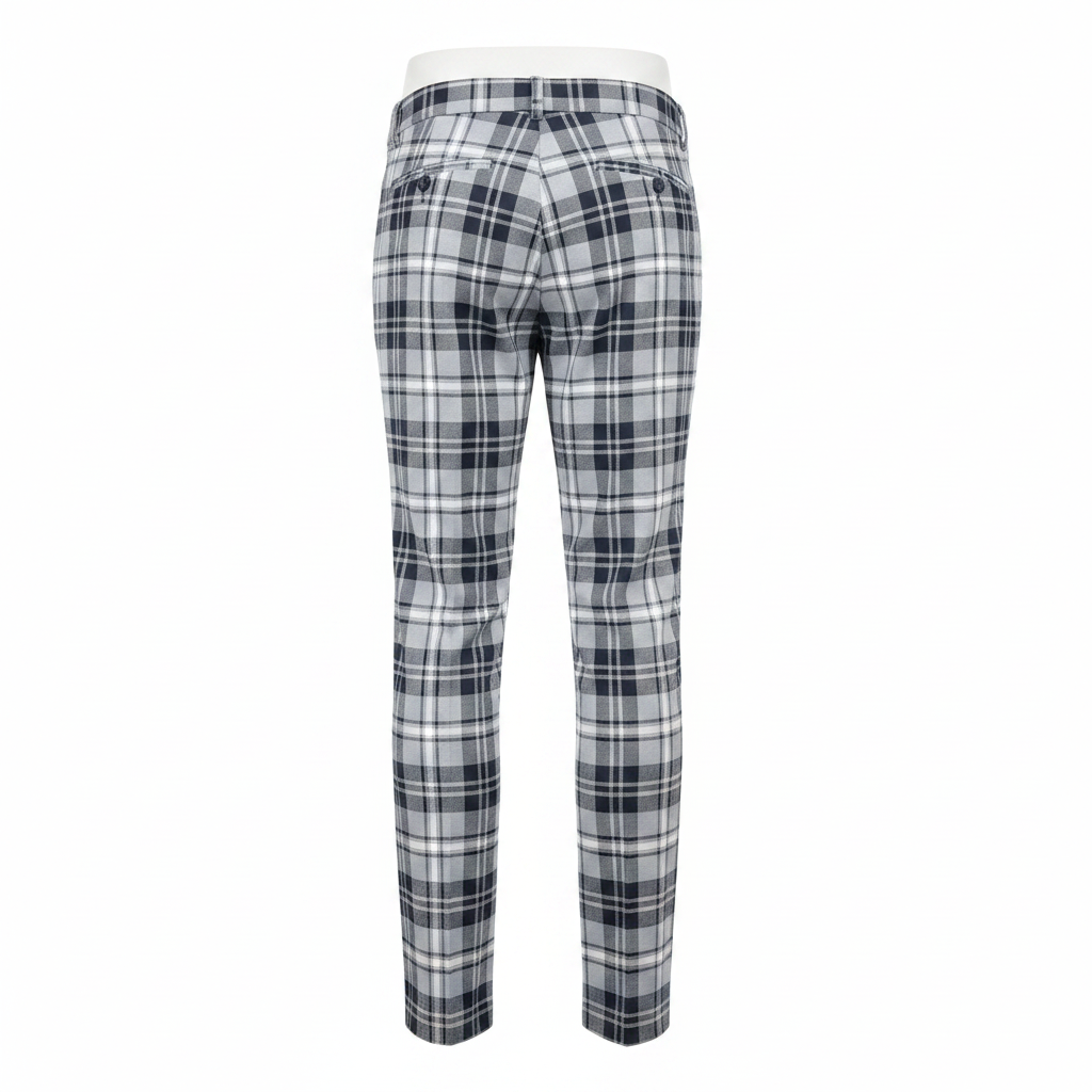Light Grey Navy Tartan Trousers – Back Ghost Mannequin