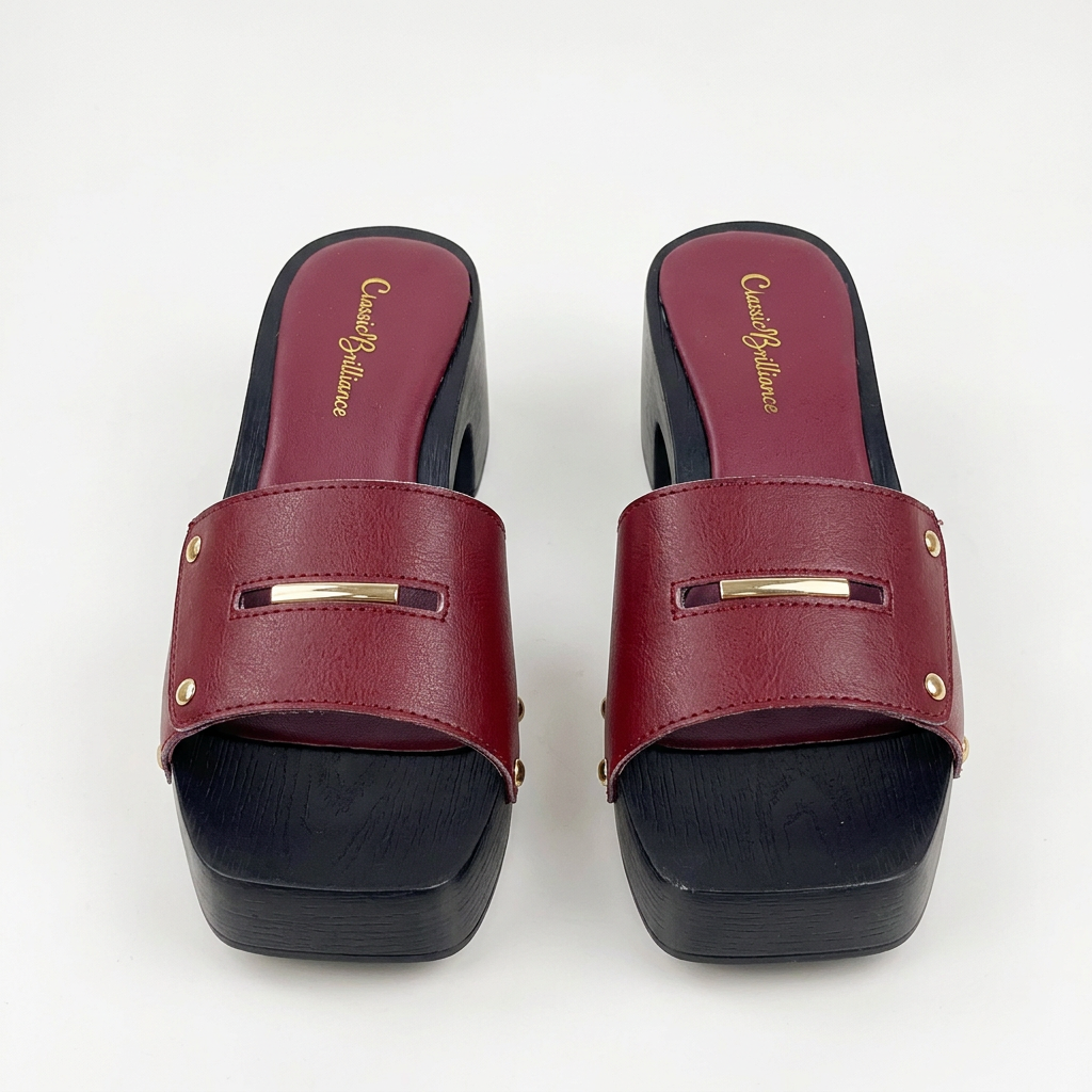 Wine square-toe stud-detail platform heeled slide pair