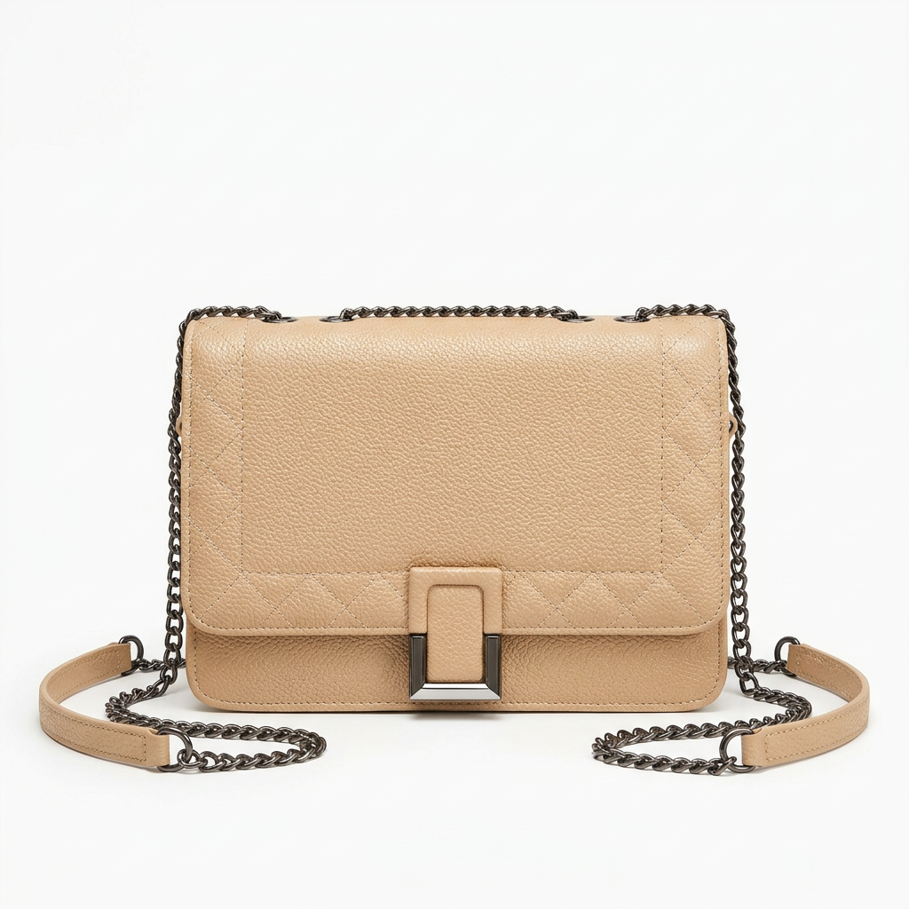 Beige textured flap shoulder bag with diamond stitched border and dark chain straps