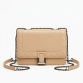 Beige textured flap shoulder bag with diamond stitched border and dark chain straps