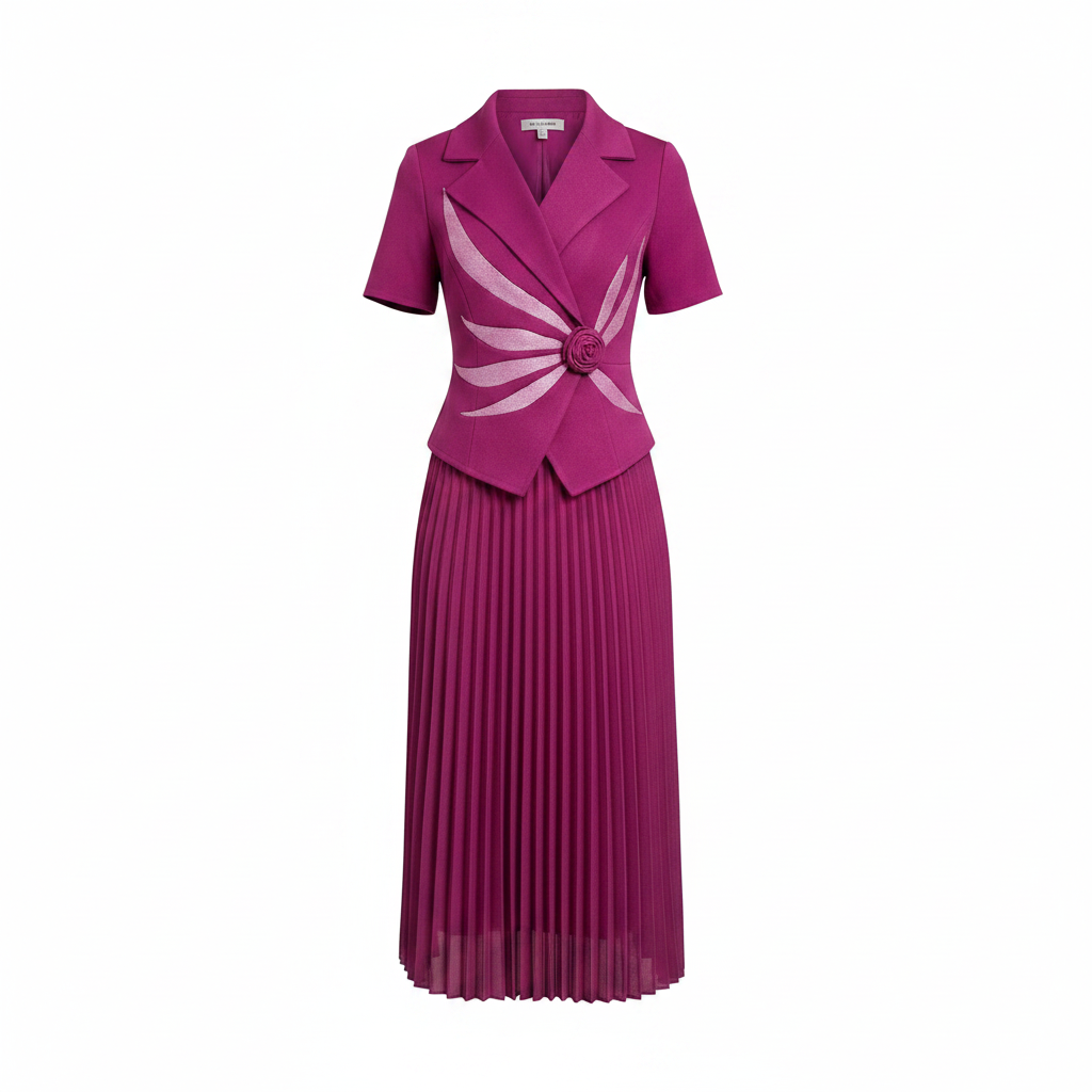 Girls' magenta pleated midi dress with rosette detail ghost mannequin front view