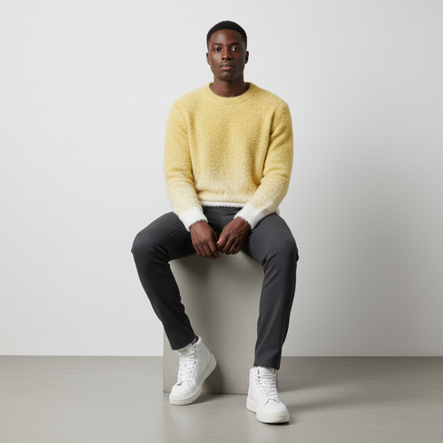 Yellow White Ombré Fluffy Knit Sweater - Model Front Male