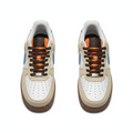Men's cream suede blue swoosh low-top sneakers ghost mannequin front and side view