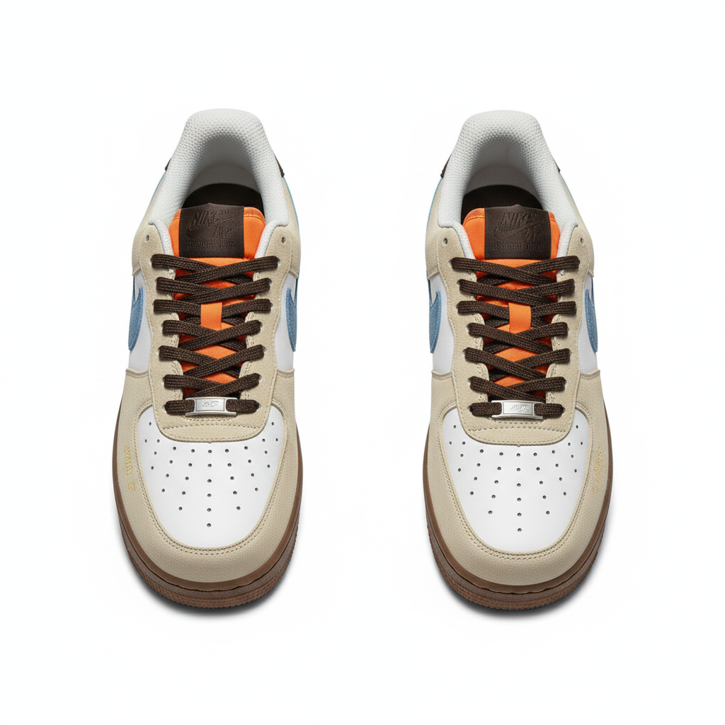 Men's cream suede blue swoosh low-top sneakers ghost mannequin front and side view