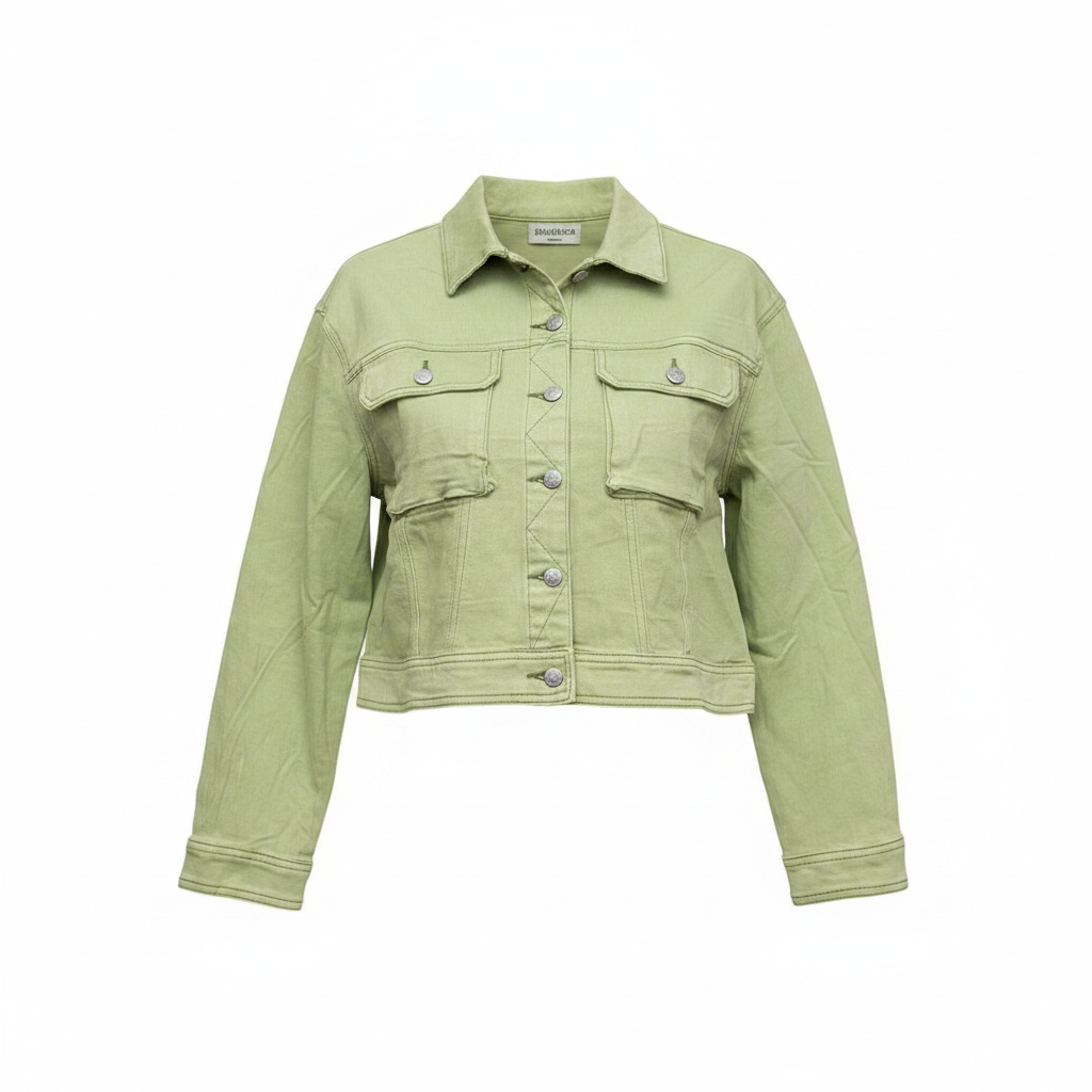 Lime Green Cropped Denim Jacket – Front Ghost Mannequin