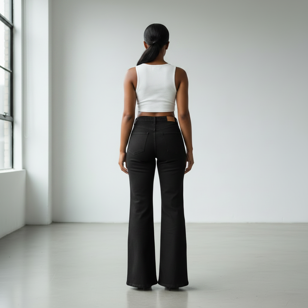 Black wide-leg jeans back view on model