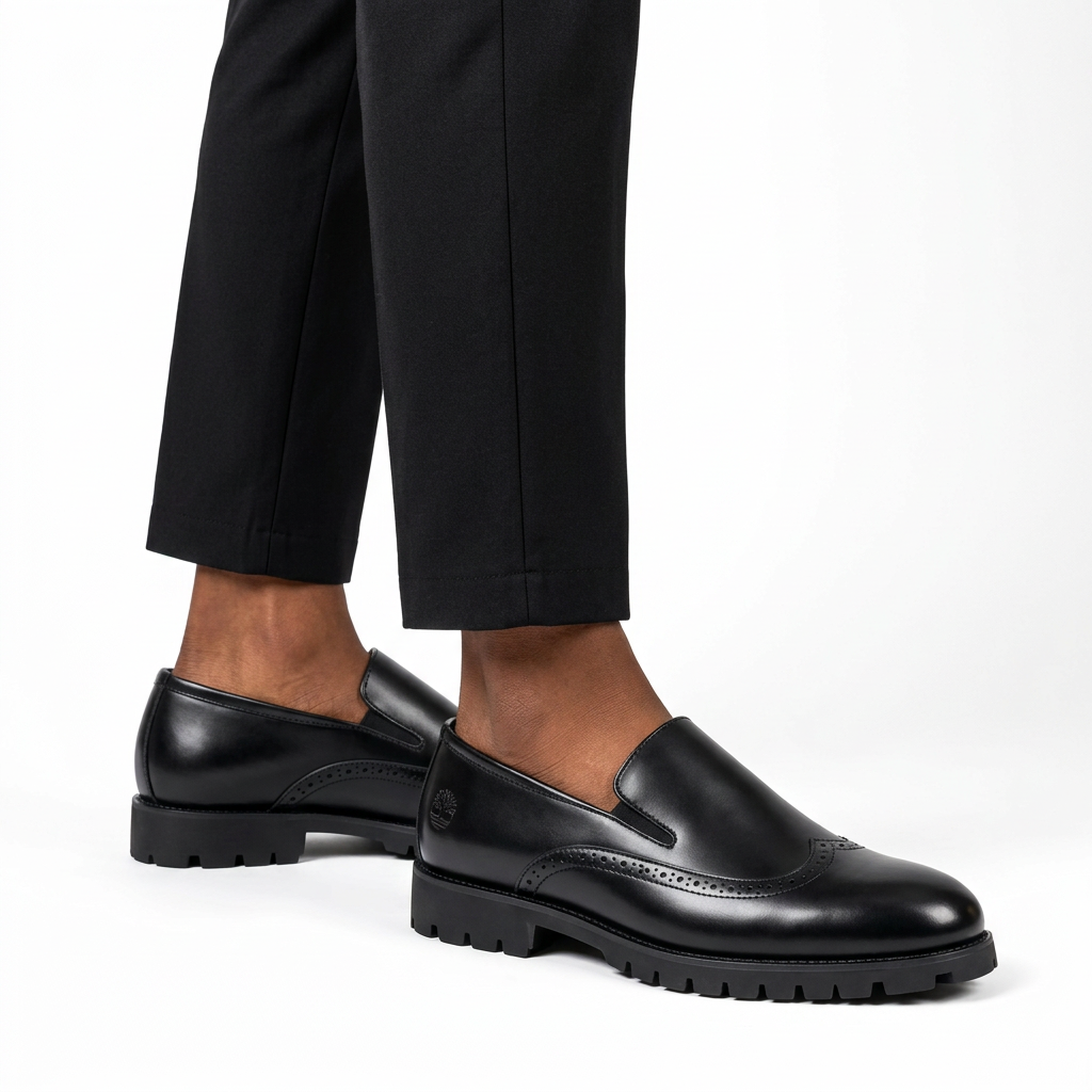 Male model wearing black brogue slip-ons with both shoes visible on white