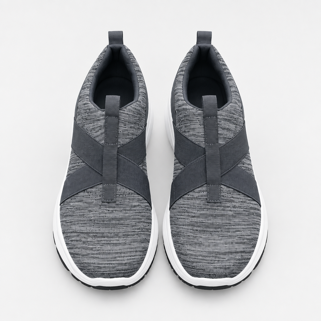 Grey and charcoal slip-on sneaker pair on a clean background