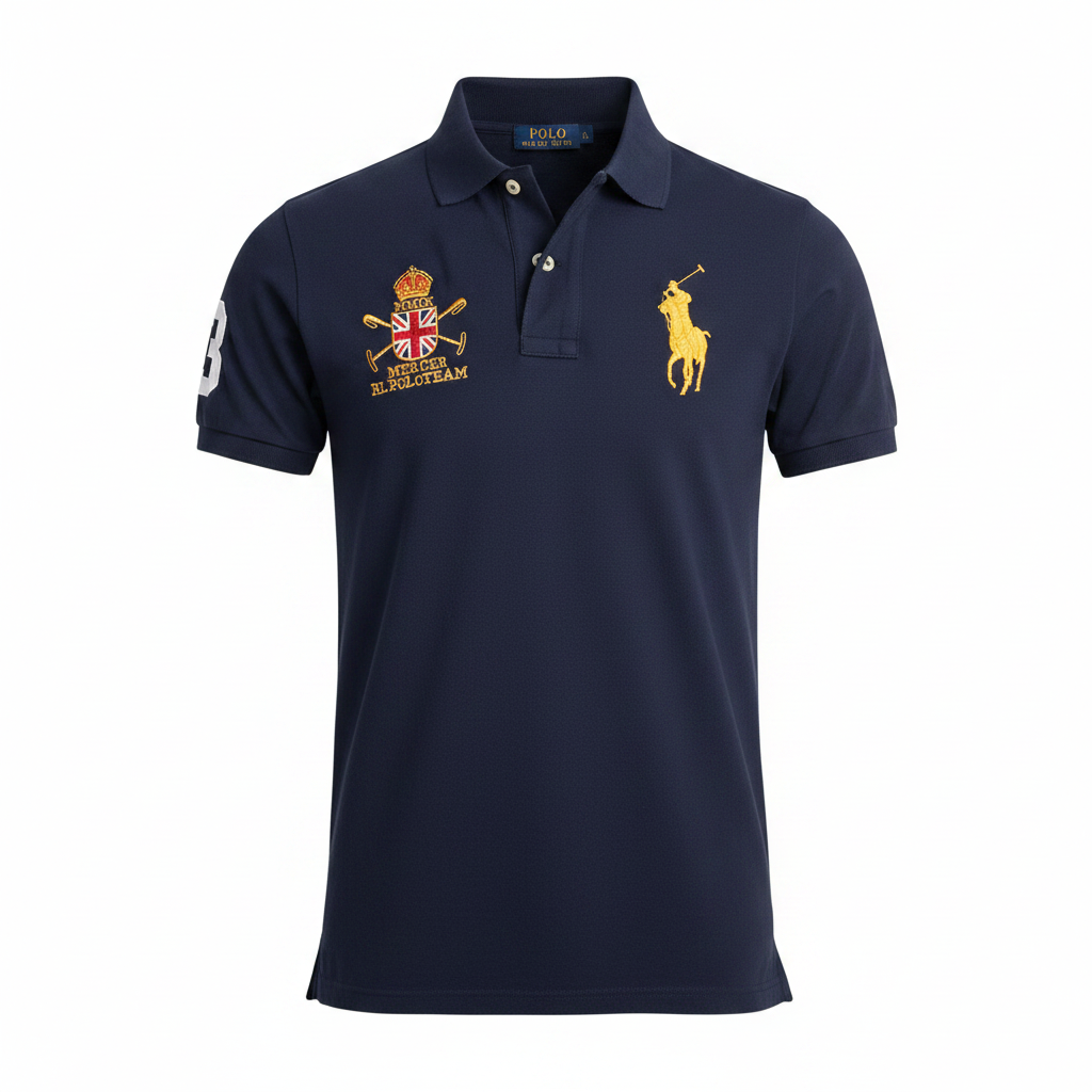 Ghost mannequin view of navy polo shirt with gold crest embroidery