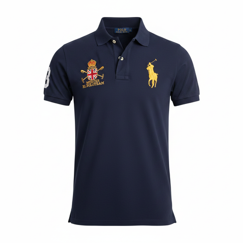 Ghost mannequin view of navy polo shirt with gold crest embroidery