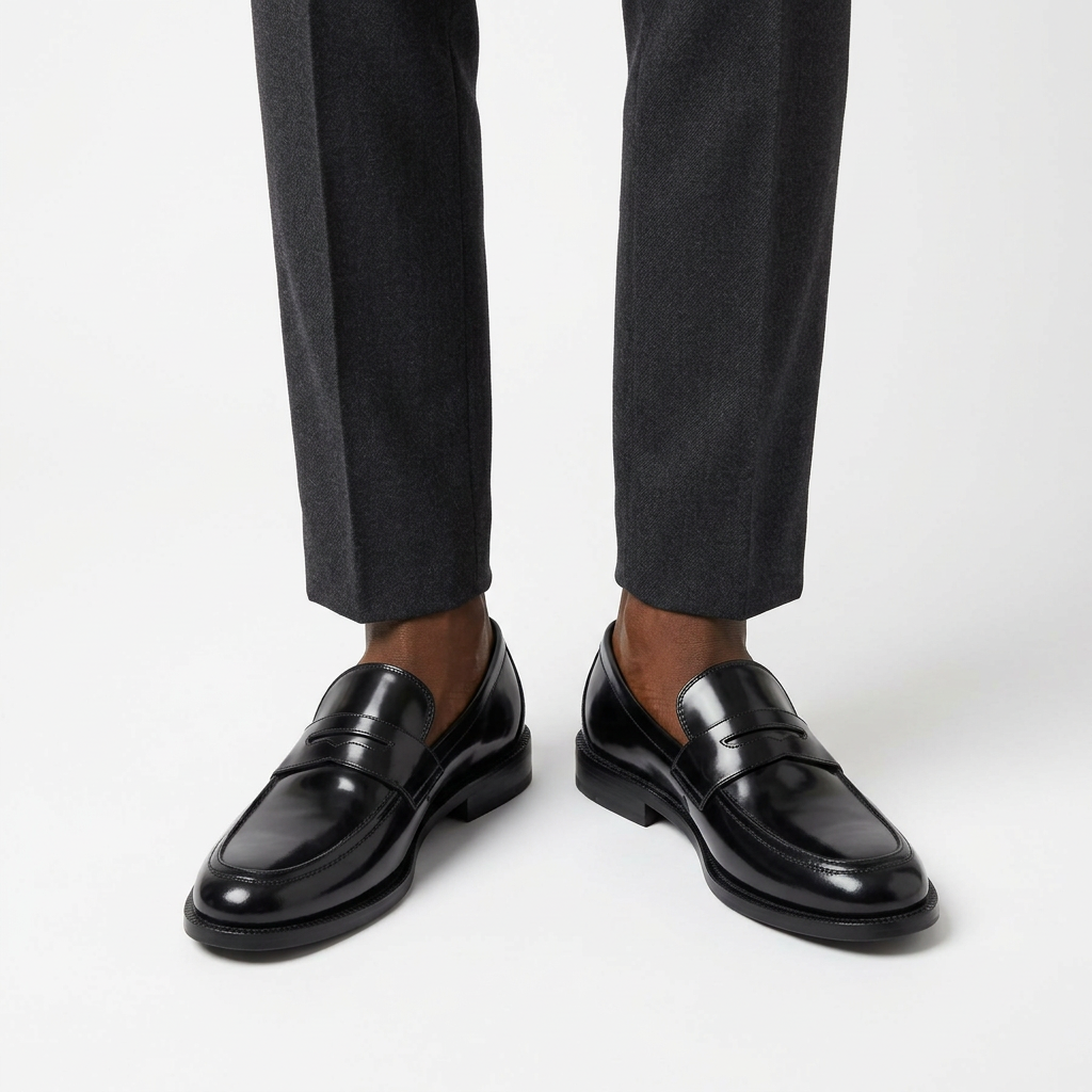 Both feet wearing glossy black penny loafers on plain white